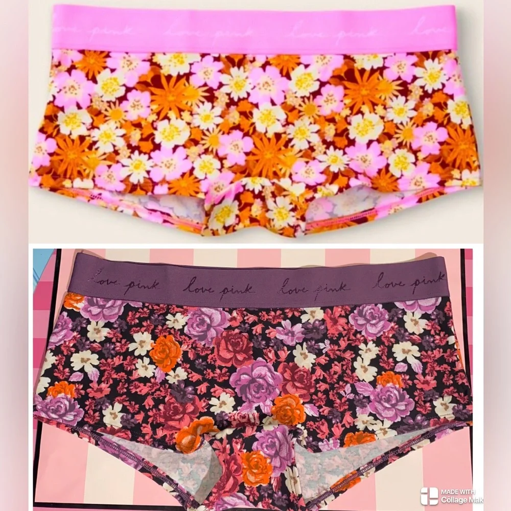 2 Victoria’s Secret PINK Boyshort bundle cotton Pink panties neon floral graphic
